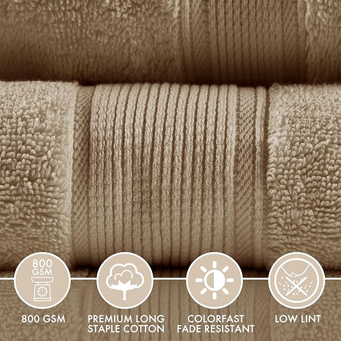 Madison Park 800GSM Bathroom Towel Set of 8 100% Cotton Bath Towel Set for Bathroom Luxurious Highly Absorbent 2 Bath Towels 2 Hand Towels 4 Washcloths Quick Dry Spa Quality Taupe