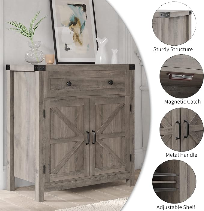 HOSTACK Coffee Bar Cabinet, Kitchen Storage Cabinet, Modern Farmhouse Buffet Sideboard with Drawer and Adjustable Shelf, Barn Door Accent Cabinets for Kitchen, Dining Room, Entryway, Ash Grey