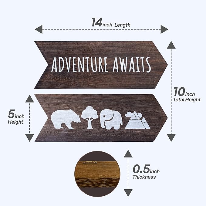 Nursery Wall Decor - 2 Pcs Wood Adventure Awaits Sign, Nursery Decor For Kids Room, Safari Theme Woodland Decorations, Toddler Easter Gifts for Babies - 14 x 10 inch