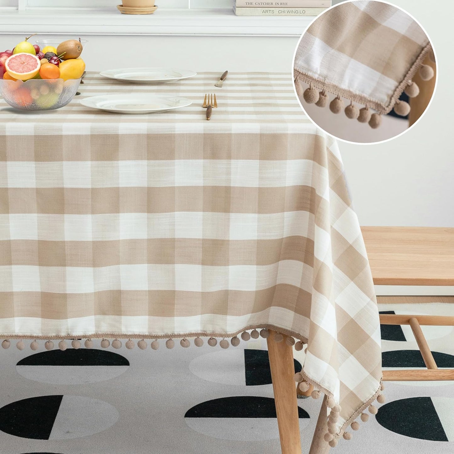Jubilantex Square Buffalo Plaid Tablecloth Tablecloth with Tassel Beige and White Rustic Linen Textured Farmhouse Table Cover for Kitchen Restaurant Dining Table Top 54 x 54 inch
