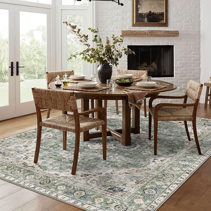 Washable Area Rug 5x7 - Boho Living Room Rug Stain Resistant Soft Bedroom Rug Ultra-Thin Sage Green Vintage Oriental Farmhouse Dining Room Rugs for Under Table Indoor Carpet for Living Room
