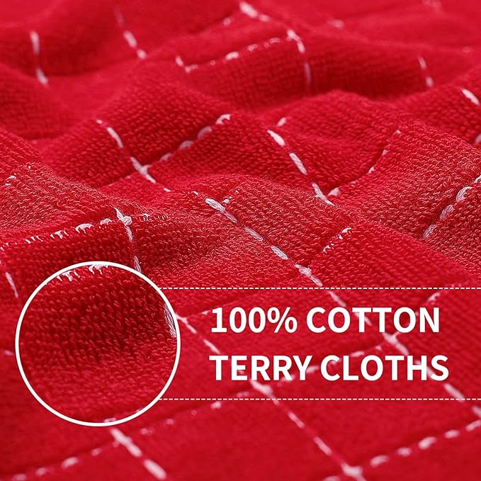 Homaxy 100% Cotton Terry Kitchen Towels(Red, 13 x 28 inches), Checkered Designed, Soft and Super Absorbent Dish Towels, 12 Pack