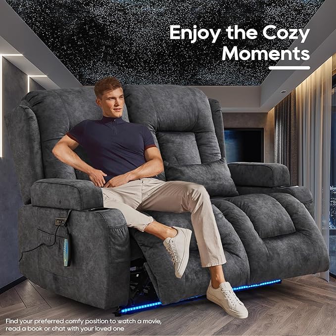 IPKIG 54" Power Loveseat Recliner Sofa, Electric Home Theater Seating with Massage Heat/4 Colors Ambient Lights/USB Port/Side Pocket/Cup Holder for Living Room, Bedroom, RV (Grey, 2 Seater)
