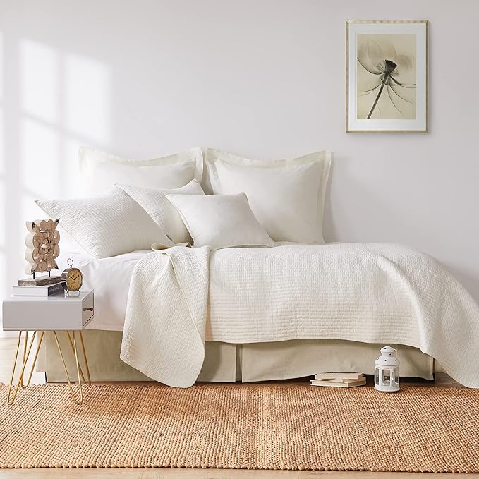 Levtex Home Cross Stitch Reversible Twin XL/Twin Quilt Set (68x86in) with 1 Pillow Sham (26x20in) - Stitch Texture - Cream - 100% Cotton Twin Size Quilt Bedding Set - Lightweight, Soft, Pre-Washed