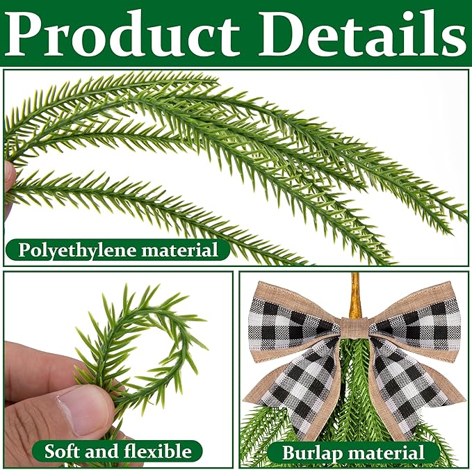 2 Pcs Artificial Christmas Teardrop Swag with Plaid Bow, 28" Faux Pine Needles Teardrop Door Swag, Christmas Norfolk Greenery Teardrop Wreath for Xmas Door Mantle Fireplace Indoor Outdoor Decor