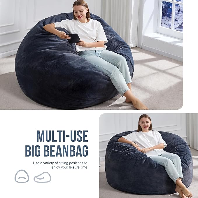 Hobestluk 5ft Bean Bag Chairs for Adults Large Beanbag Chair with Plush Faux Fur Cover Big Bean Bag Chair for Living Room Bedroom Dorm Office - Dark Grey (50” x 50” x 24”)