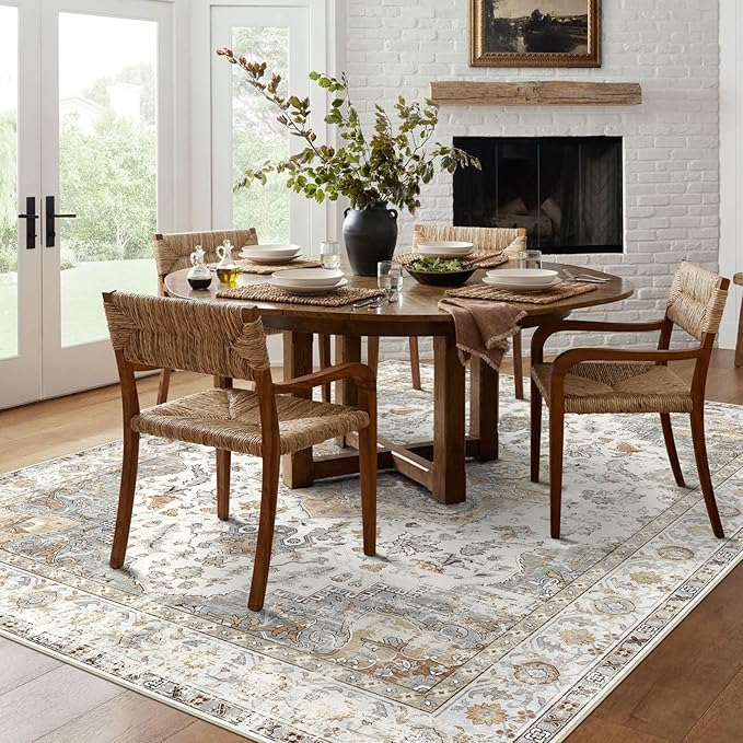 6x9 Area Rug for Living Room - Large Oriental Washable Rugs for Bedroom Non-Slip Tan Cream Stain Resistant Dining Room Rug Farmhouse Low-Pile Carpet Soft Vintage Rug for Office Guest Room