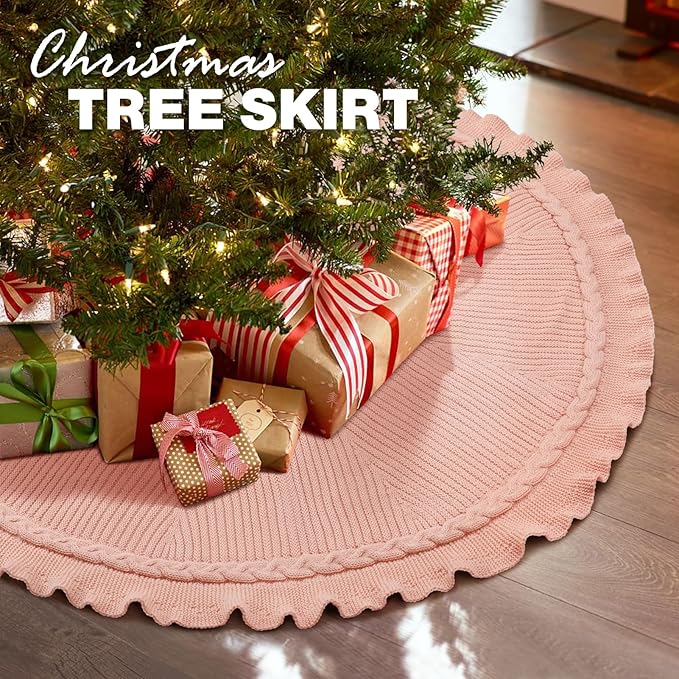 Hommtina Christmas Tree Skirt 48 Inches Pink Tree Skirt,Christmas Tree Decorations Faux Fur Tree Skirt for Xmas Holiday Home Party Decorations Ornaments (Wave Pink)