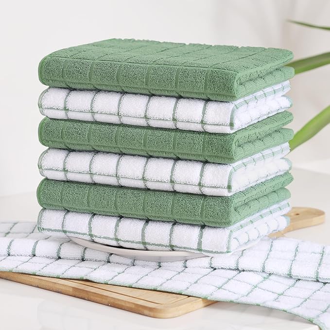 Homaxy Premium Cotton Kitchen Towels 16"x 28", Large Natural Ring Spun 390 GSM Dish Towels, Super Absorbent Terry Kitchen Hand Towels, Soft Tea Towel with Hanging Loop, Grass Green Check, 6 Pack