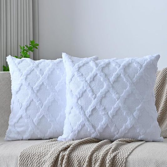Set of 2 Soft Moroccan Throw Pillow Covers 18x18 Inch Plush Boho Decorative Pillow Cover Accent Cushion Case for Couch Sofa Bed, Pure White