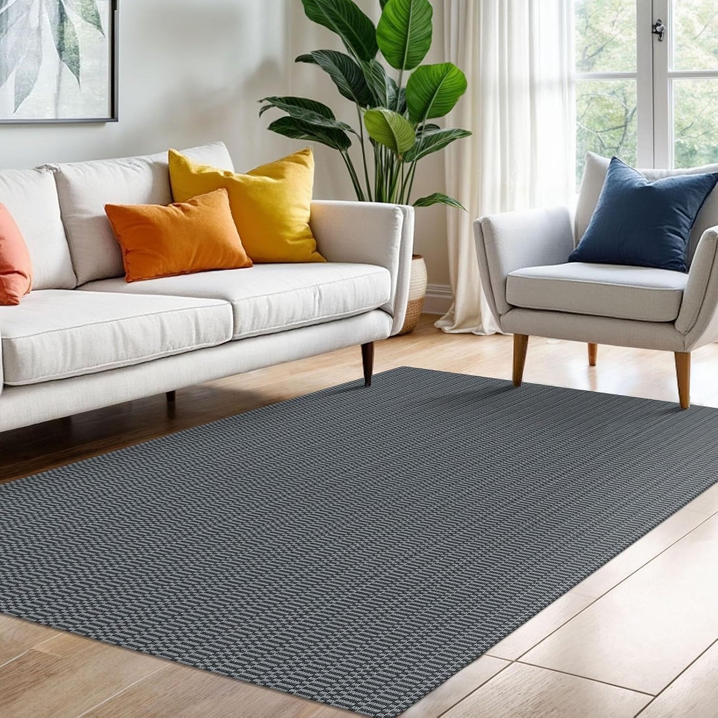KOZYFLY Washable Area Rug 4x6 Ft Rubber Backed Rugs for Entryway Bedroom Throw Rugs Boho Entry Rug, Cotton Braided Floor Carpet for Dining Room Living Room, Grey/Charcoal Grey