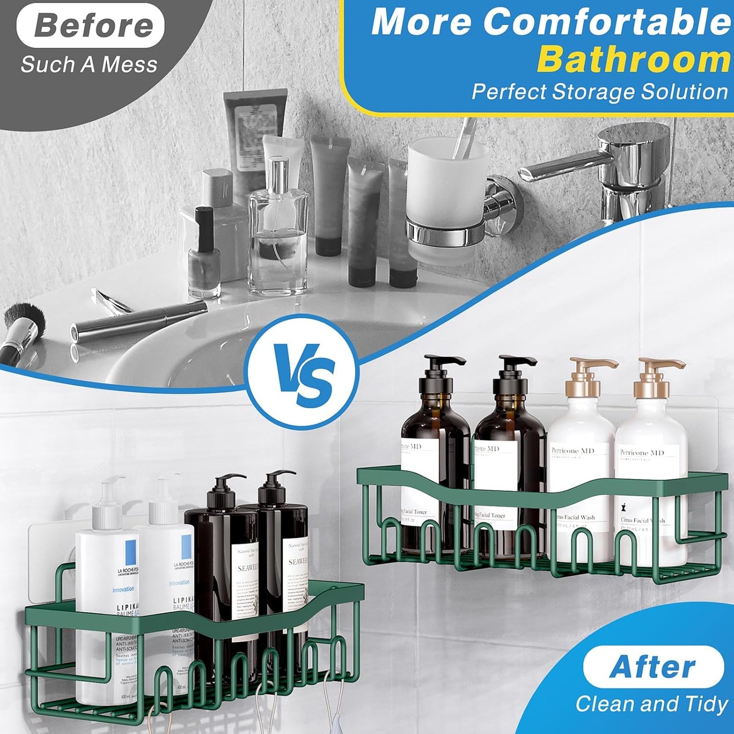 Shower Caddy 2 Pack, Adhesive Shower Organizer for Home Decor & Kitchen Storage, No Drilling, Rustproof Stainless Steel Bathroom Shelf Organizer