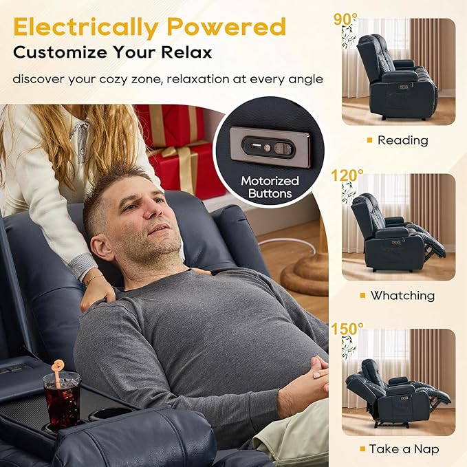 IPKIG 67" Power Reclining Loveseat Sofa, Electric Home Theater Seating with Console/4 Colors Ambient Lighting/Bluetooth Speakers/USB Ports/Built-in Outlets (Blue, Loveseat Recliner)