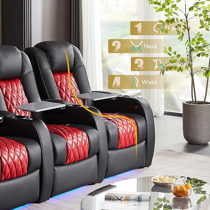 Home Theater Seating, Top Grain Leather Movie Seats Recliner Chair, Zero Gravity Reclining Gaming Sofa with Power Headrest 7 Colors Ambient Lighting 4 Seats Loveseat Middle Black Dark Red