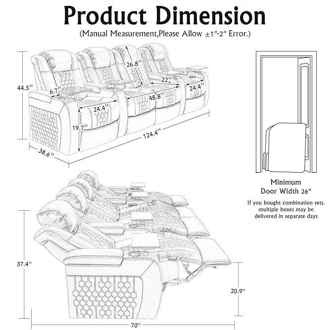 Home Theater Seating, Living Room, Heat & Massage, Powered Headrest, Powered Lumbar, Italian Leather, Powered Recline, Single Recliner (Black, Row of 4 Loveseat Middle)