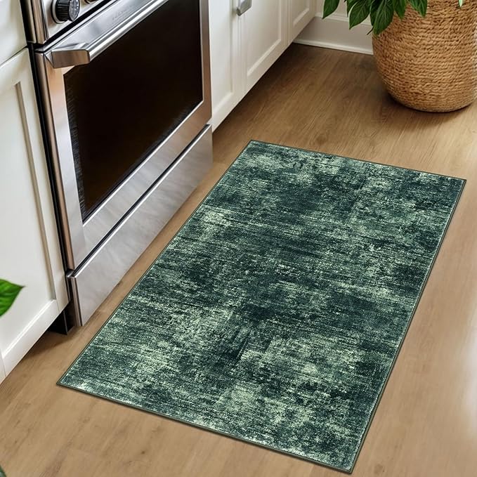 IOHOUZE Small Abstract Area Rug 2x3 Ft Entryway Rugs Washable Door Mat Indoor Entrance, Rubber Backed Throw Rugs, Printed Faux Wool Non Slip Floor Carpet for Foyer Front Door Sink, Dark Green