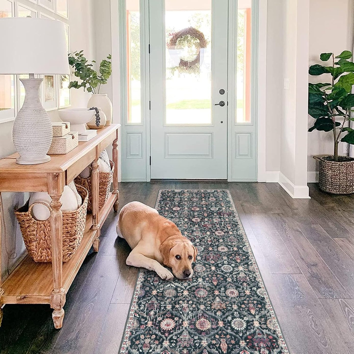 Lahome Moroccan Hallway Rug, 2'5''x8' Kitchen Runner Rugs Non Skid Washable Runners for Hallways, Ultra-Thin Oriental Carpet for Entryway Laundry Room Bedroom Bathroom, Black/Multi