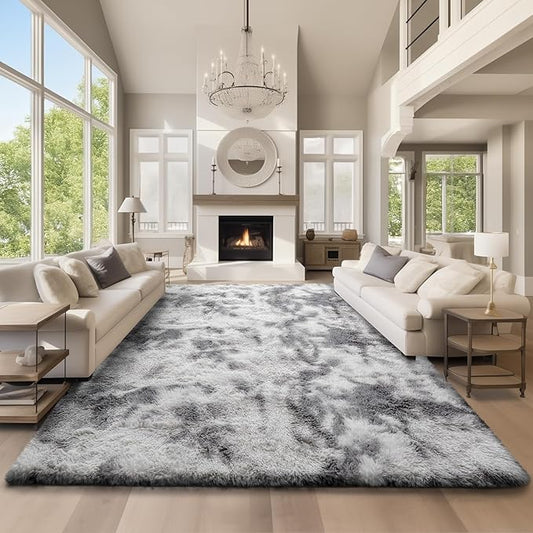 Ophanie Area Rugs 9x12 Living Room, Large Tie-Dyed Grey&White Bedroom Carpet, Big Shag Indoor Thick Soft Nursery Rug, Fluffy Carpets for Boy and Girls Room Dorm Home Decor Aesthetic