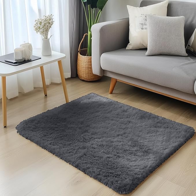 OLANLY 2x3 Machine Washable Small Bedside Rug, Soft Fluffy Shaggy Entryway Throw Rugs for Bedroom, Living Room, Indoor Floor Carpet for Kids Girls and Boys, Nursery Rooms, Home Decor Aesthetic, Grey