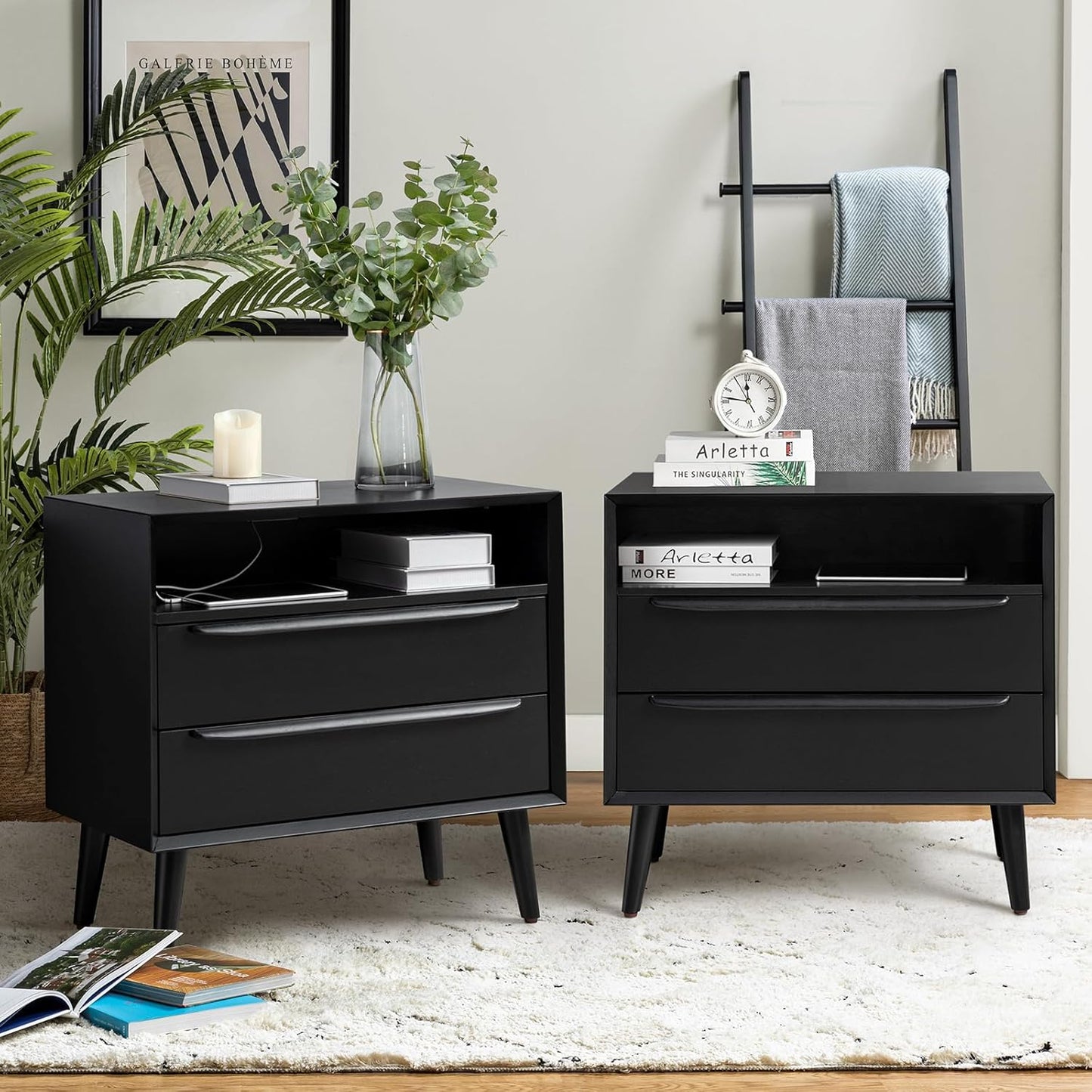 HULALA HOME Nightstand with Charging Station, Set of 2 Mid-Century Modern 2 Drawer and Open Shelf Dresser for Bedroom, Fluted Bedside Table, Black