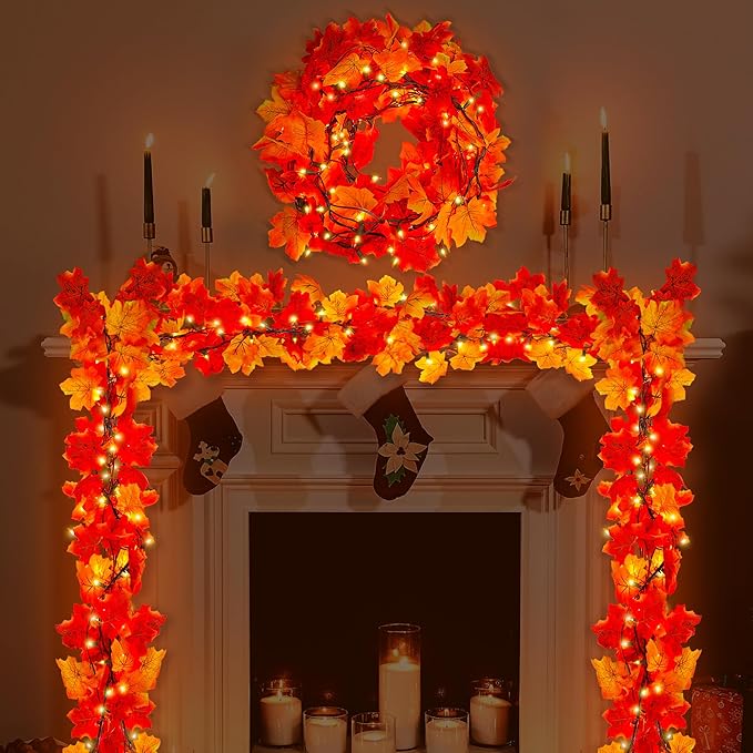 9FT Fall Decor Fall Decorations for Home, 50 Orange Bulbs Plug in Fall Garland with Lights, Connectable Maple Leaves Light for Indoor Outdoor Festival Decorations Fireplace Party