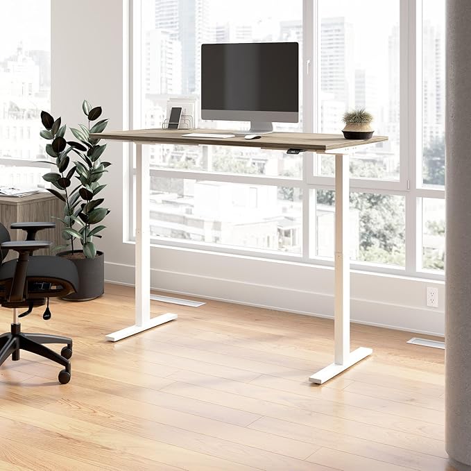 Bush Business Furniture 60-inch Electric Height Adjustable Standing Desk, Ergonomic Sit-Stand Computer Table for Home and Professional Office, Move 60 Series, Modern Hickory with White Base