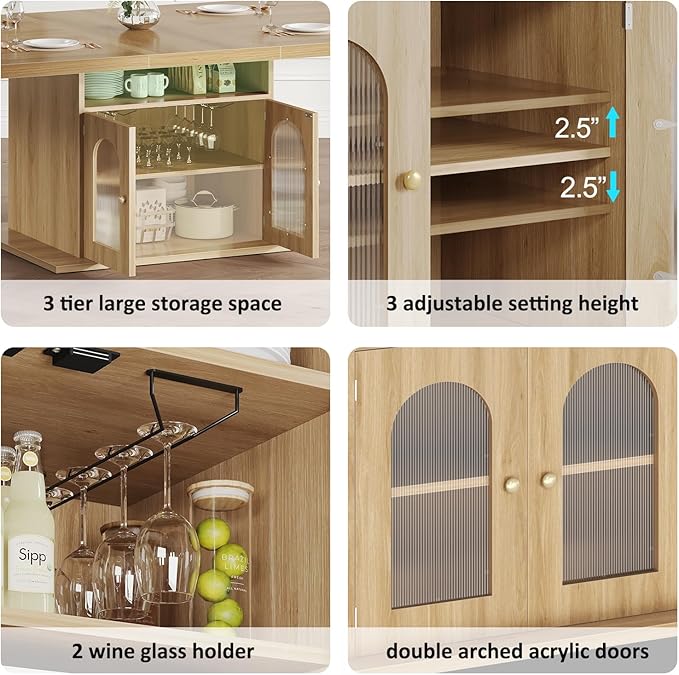 HSH Dining Table for 4–6, 63 Inch Wood Farmhouse Kitchen Table with 3-Tier Storage Shelf and Acrylic Door Cabinet, Rectangular Modern Dining Room Dinner Table for Apartment Home Small Space, Light Oak