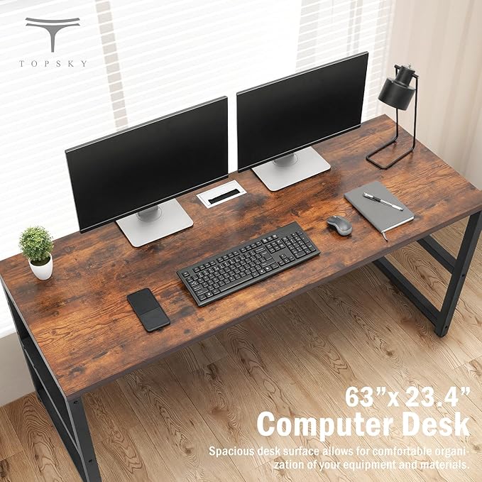 TOPSKY Computer Desk with Bookshelf/Metal Hole Cable Cover 1.18" Thick Desk (Oak Brown, 63")