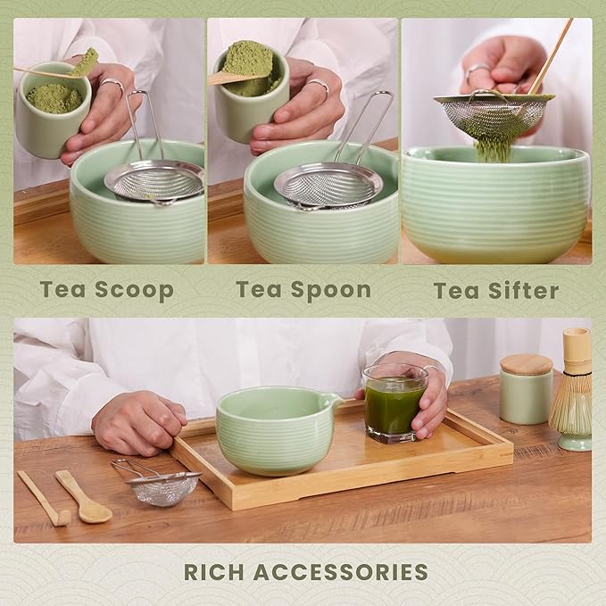 Matcha Whisk Set, Ceramic Matcha Set Includes Matcha Bowl, Matcha Whisk (Chasen) and Holder, Sifter, Bamboo Scoop & Spoon - 6 Pcs Matcha Kit for Matcha Lovers White