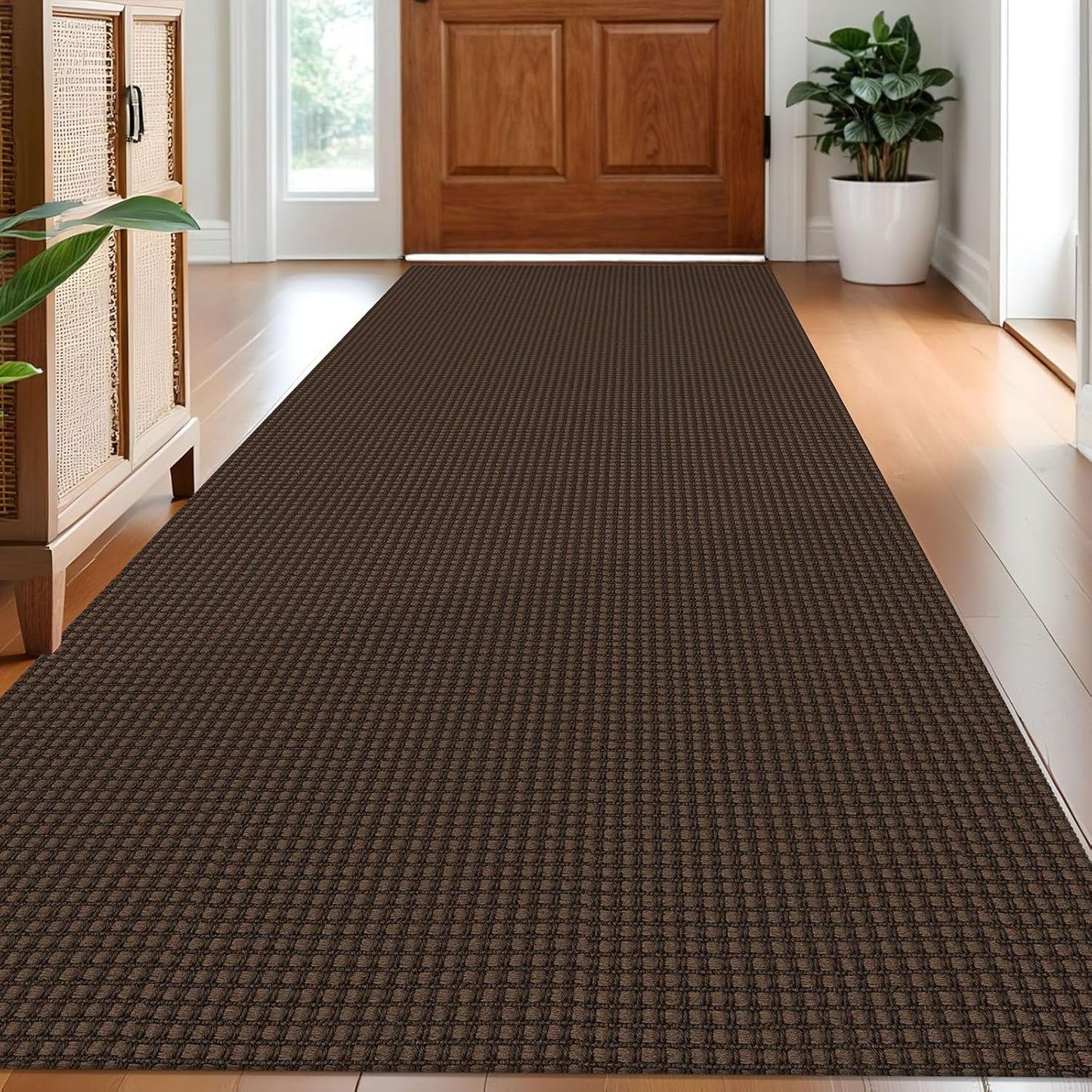 IOHOUZE Washable Runner Rug 3x8 Non Slip Rubber Backed Wide Hallway Runner Entryway Runner Indoor, Kitchen Rugs Woven Floor Carpet for Hall Entrance Bedroom, Brown
