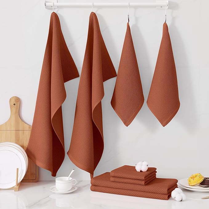 Homaxy 100% Cotton Kitchen Towels and Dishcloths Set, 12 x 12 Inches and 13 x 28 Inches, Set of 8 Bulk Kitchen Towels Set, Ultra Soft Absorbent Dish Cloths for Washing Dishes, Rust