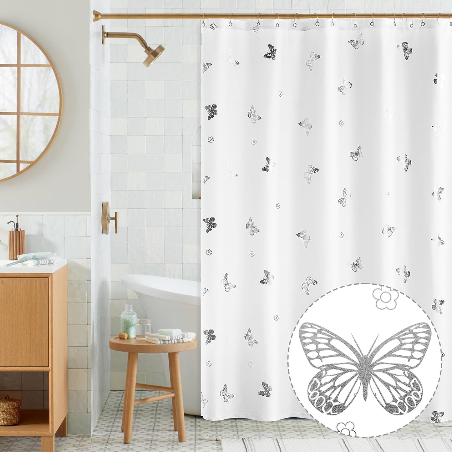 Jubilantex Butterfly Shower Curtain for Bathroom, White Silver Print Farmhouse Waterproof Bathroom Decorative Rustic Kids Shower Curtain with 12 Rust Proof Grommets for Spa Hotel, 70x76 Inches