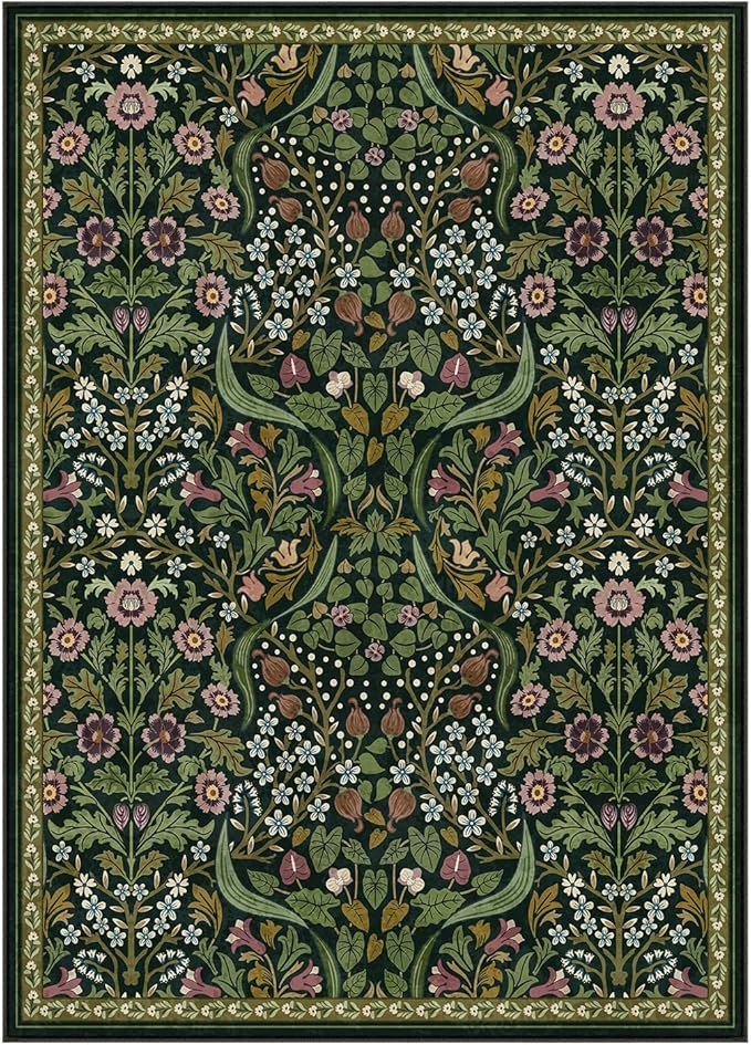 Lahome Floral 5x7 Washable Living Room Rugs, Green Area Rugs for Bedroom Rubber Backed, Botanical Thin Stain-Resistant Carpet for Dining Room, Guestroom, Kids Room, Living Room Decor