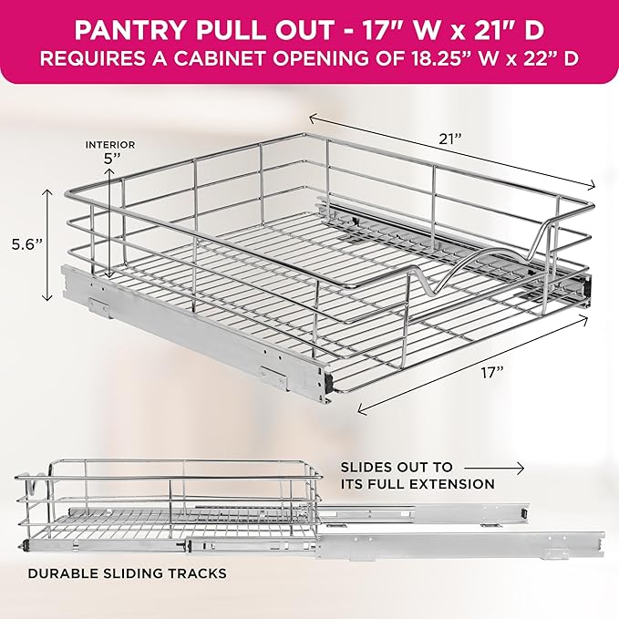 HOLDN’ STORAGE Pull Out Cabinet Organizer, Individual Sliding Drawers - Heavy Duty Metal with Lifetime Limited Warranty - Anti Rust Chrome Finish (Single Tier, 17" W)