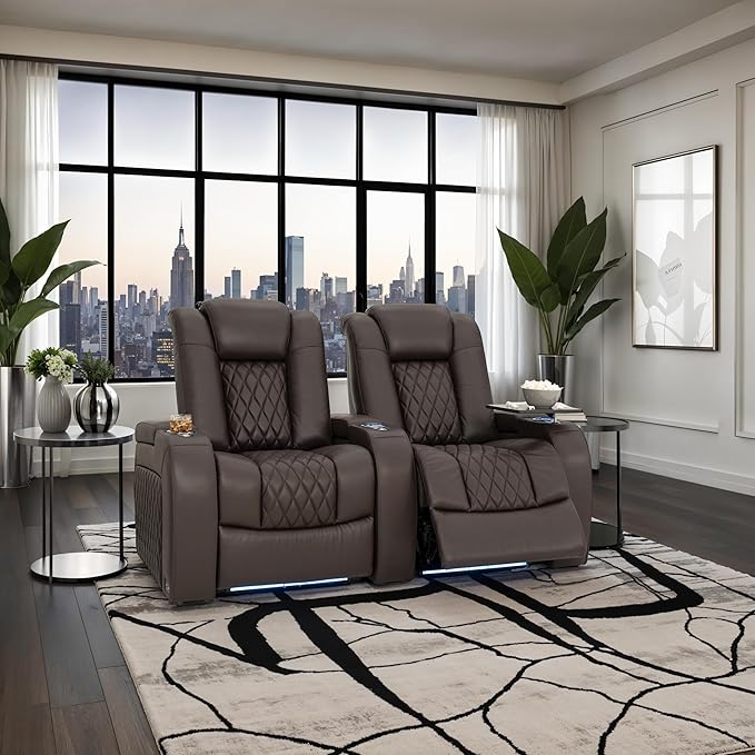 Seatcraft Diamante Zero-Gravity CoolZero Italian Leather Home Theater Seating, Power Headrest, Power Recline, Row of 2, Brown