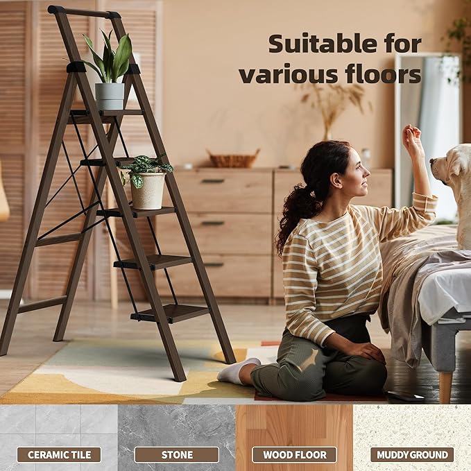 HillhutApex 5 Step Foldable Aluminum Step Ladder with Handgrip, Anti-Slip Pedal, 330lbs Capacity, Lightweight & Portable for Home, Kitchen, Office, Garage (Walnut)