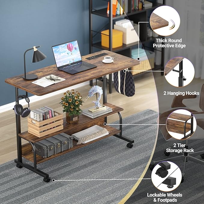 Armocity Height Adjustable Standing Desk with Power Outlets, 39" Manual Stand Up Desk with Storage Shelves Small Mobile Rolling Computer Desk Portable Laptop Table with Wheels for Home Office, Rustic