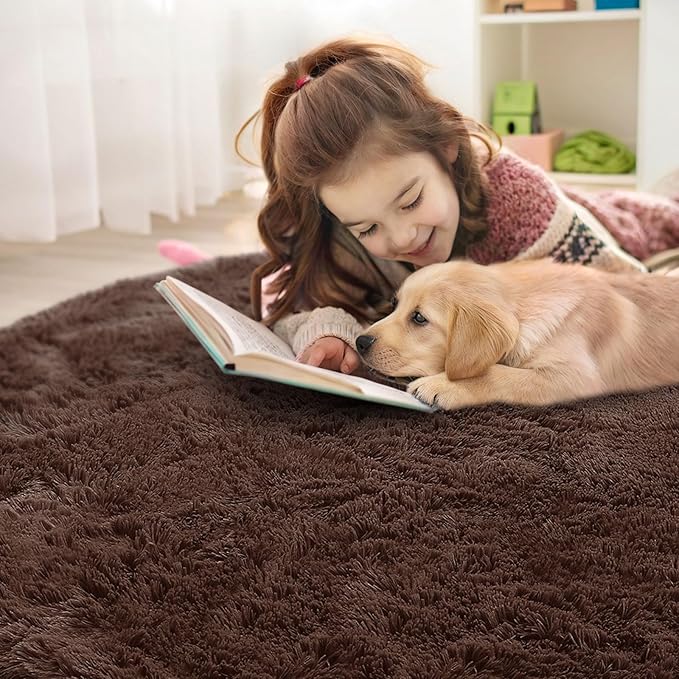 OLANLY Coffee Round Rugs for Bedroom - Machine Washable, 7 ft Circle Area Rugs for Living Room, Soft and Fluffy Shaggy Carpet for Teen Girls and Boys, Nursery Rooms, Dorms, Home Decor Aesthetic