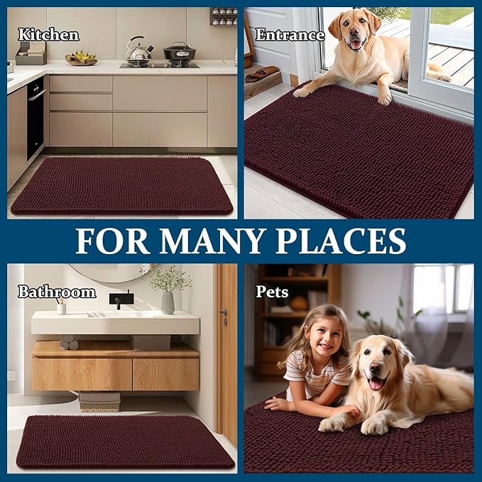 OLANLY Dog Door Mat for Muddy Paws 36x24, Absorbs Moisture and Dirt, Absorbent Non-Slip Washable Doormat, Quick Dry Chenille Mud Mat for Dogs, Entry Indoor Entryway Carpet for Inside Floor, Russet