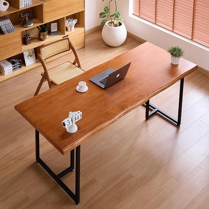 Solid Wood Administrative Desk, Dining Table with Durable Metal Legs, Uniquely Designed Leisure Table, Perfect for Restaurants and Home Offices, (Wood Brown, 55.12in)