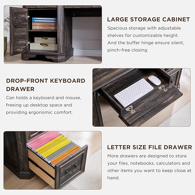 T4TREAM 59" Farmhouse Executive Desk with Hutch,Wood Home Office Computer Desk, Featuring Keyboard Tray,Charging Station,File Drawer, Storage Cabinet,for Work and Study (Dark Rustic Oak)