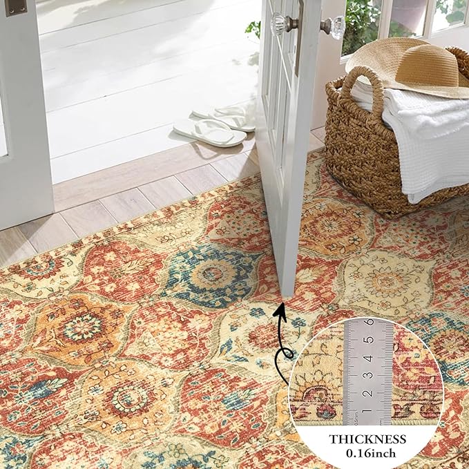 Lahome Moroccan Trellis Hallway Rug, 2x5 Washable Runner Rug Non Slip Kitchen Runners for Hallways, Ultra-Thin Vintage Carpet for Bedroom Bathroom Entryway, Red/Orange