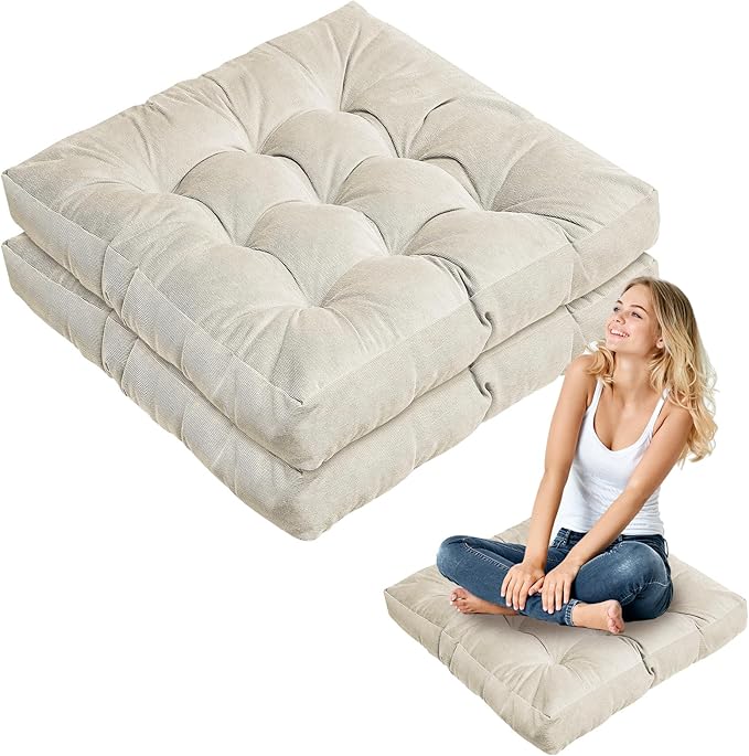 Jerify 2 Pcs Beige Floor Pillows Cushions 22 x 22 Inch Round Square Large Meditation Floor Pillow for Adults Meditation Cushion for Seating Gift Christmas (Square)