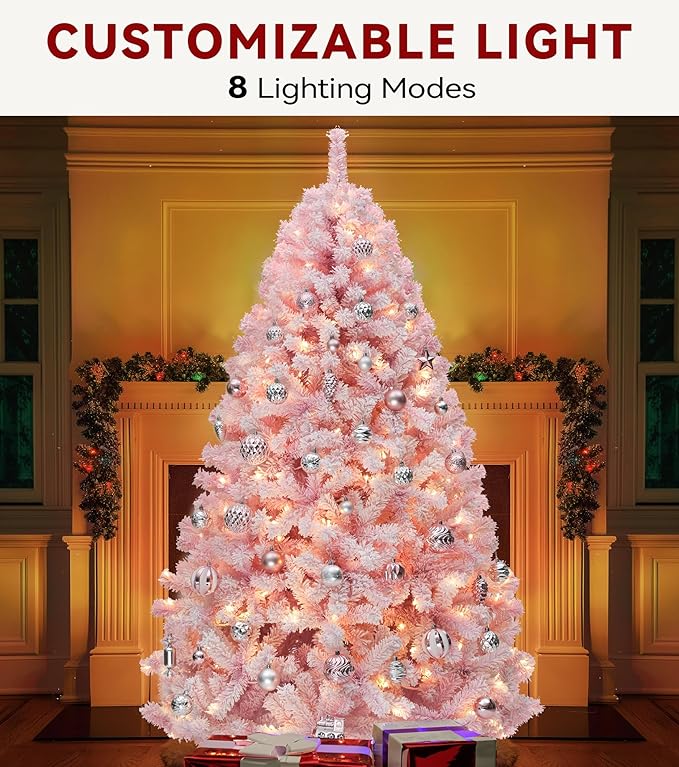 DWVO 4.5ft Pre-lit Pink Christmas Tree with Lights, Prelit Atificial Trees with 400 Tips & 200 UL Listed Lights, Automatic Branches & Easy Assembly for Home Party