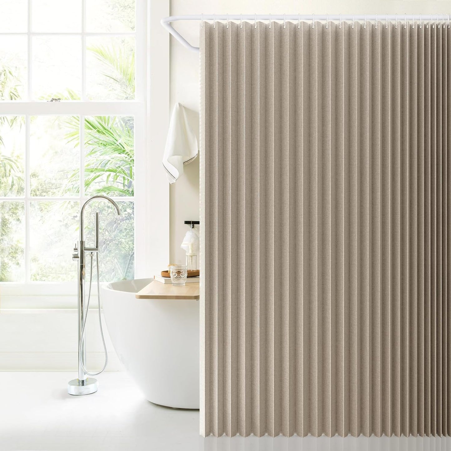 Jubilantex Folding Linen Shower Curtain for Bathroom Khaki Waterproof Shower Curtain 1 Panel with 14 Metal Grommets and 1 Tie Back for Hotel,70"x70"