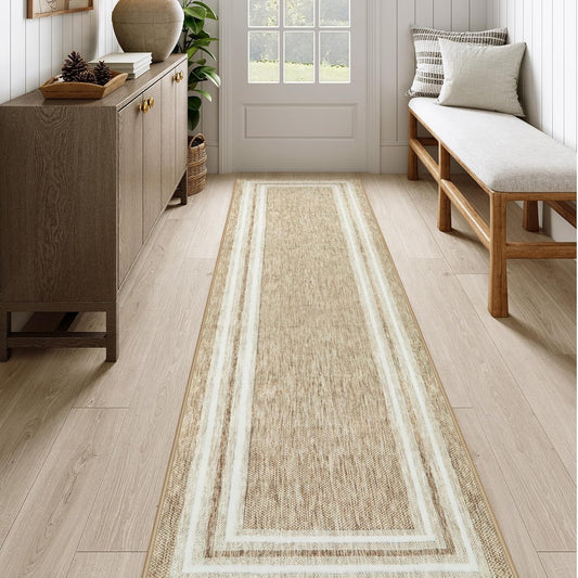 OJIA Modern Bordered Washable Runners for Hallways Printed 2'X8' Kitchen Rug Non Slip, Beige Bathroom Rug Runner Low Pile Long Soft Carpet Runner for Entryway Bedroom Laundry