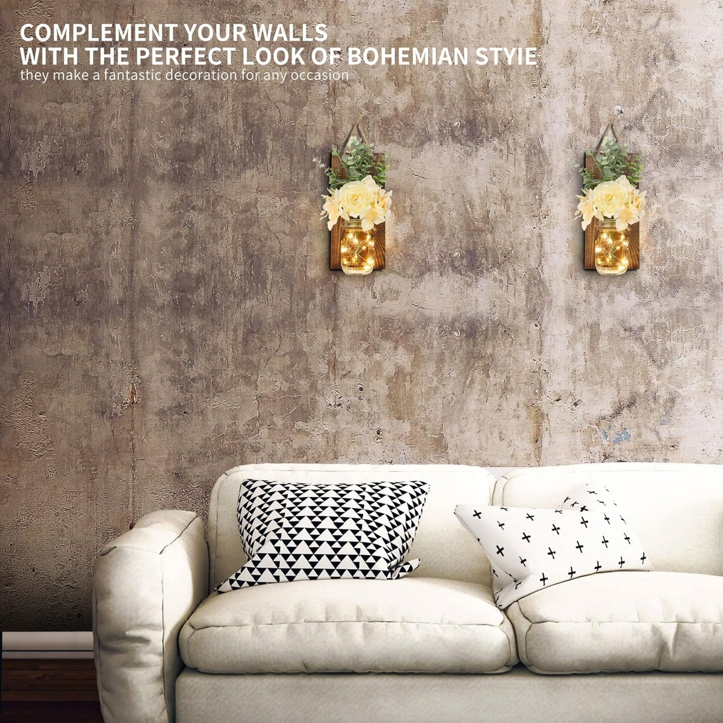 HOMKO Rustic Wall Decor, Mason Jars Wall Sconces with Remote LED Lights, Hanging Kitchen Bathroom Bedroom Decor (Set of 2) - Dark Brown