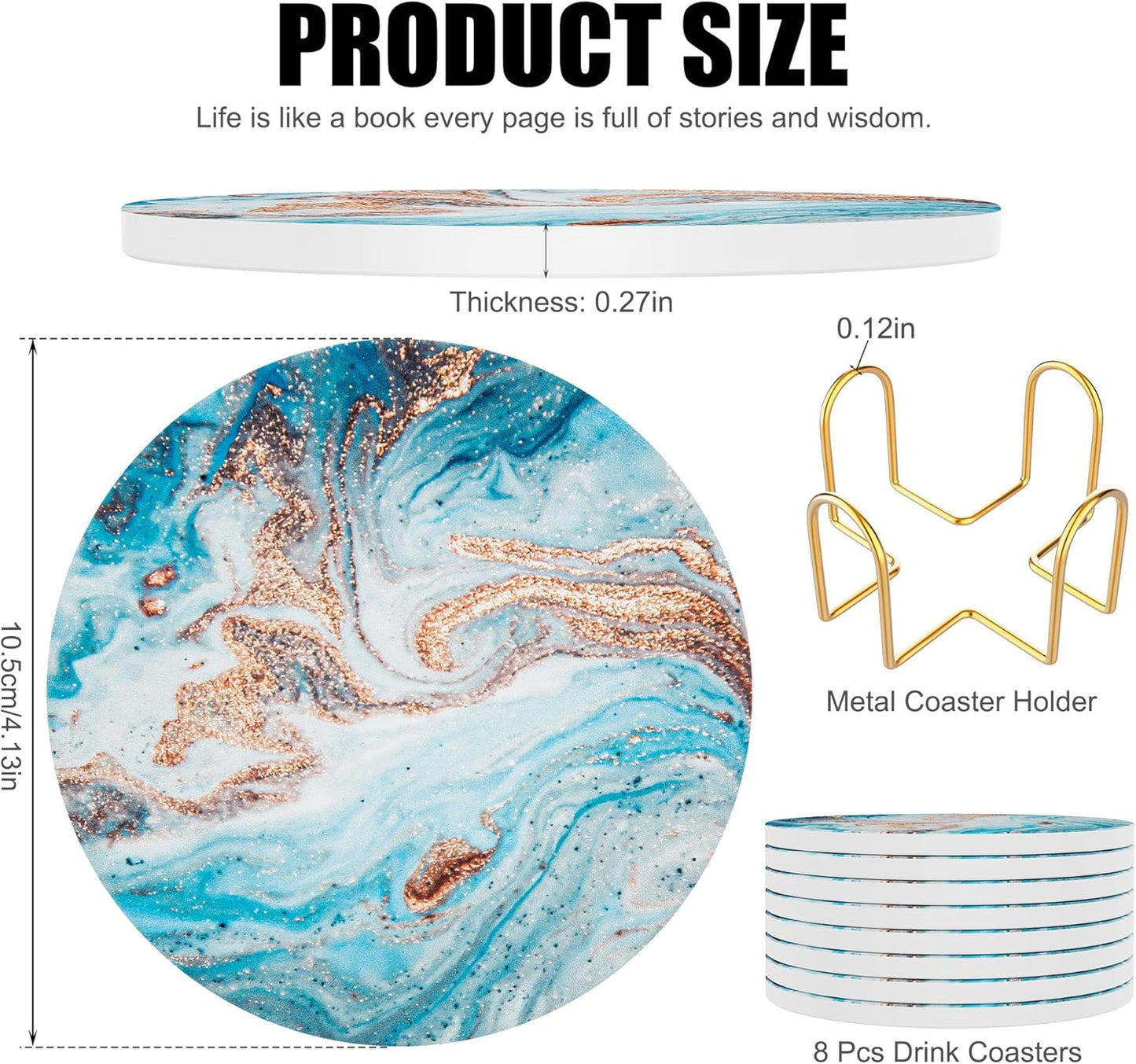 Coasters for Drinks Set of 8, Absorbent Ocean Marble with Metal Golden Holder, Ceramic Coaster Set Cup Mat for Home Decor, Bar, Kitchen, Party