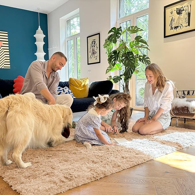 OLANLY Area Rugs for Living Room Bedroom, Machine Washable 4x5.9 ft Soft Fluffy Shaggy Bedside Rug, Indoor Floor Carpet for Kids Girls and Boys, Dorms, Nursery Rooms, Home Decor Aesthetic, Beige