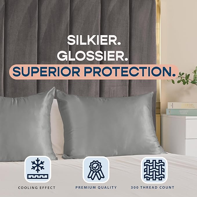Satin Pillowcase with Zipper, for Hair and Skin Care, Feels Soft and Cool Like a Silk Pillowcase, Satin Pillow Cases 2 Pack, Slik Pillow Cover, Grey, King Size, Set of 2